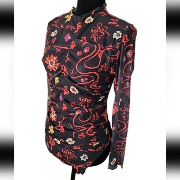 Desigual Womens Tulle Ruched Floral Artistic Long Sleeve Colorful Bodysuit L - Picture 7 of 15
